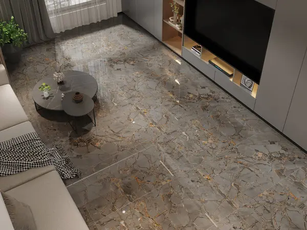 Oturma odasının döşemesinde belirgin bir mermer zemin, büyük bir televizyon, gri bir kahve masası, bej bir kanepe, bir kanepe halısı ve bitkiler yer almaktadır. 3B Hazırlama