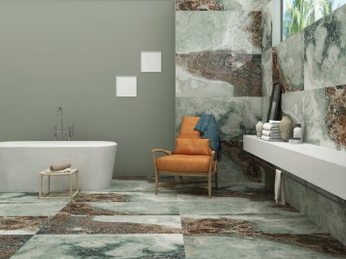 Banyo iç dizaynı, beyaz küvetin üstünde yeşil duvar, duvarda boş çerçeveler, turuncu tahta sandalye, yerde ve duvarda mermer, havlular, şampuan ve rafta el sabunu. 3B Hazırlama