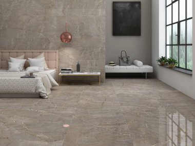 Minimum modern tarz mermer yatak odası, siyah boş tahtalı gri duvar, beyaz kumaş yatak seti ve kuru kamış çiçeğiyle süslenmiş büyük beyaz kavanoz. 3B Hazırlama