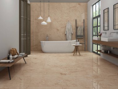 Açık kahverengi mermer banyo içi, yanında beyaz bir küvet ve havlu askısı, üç farklı asılı lamba tasarımı, ahşap bir bankın yanında ahşap bir ahşap kapı, beyaz leğenler ve aynalar. 3B Hazırlama