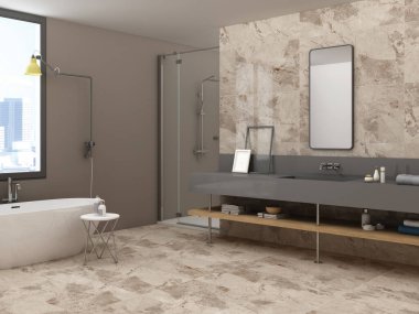 Banyonun içinde beyaz küvet ve banyo aksesuarlarıyla lavabo, yan görüş. Modern mobilyaları ve kırsal manzaralı minimalist bir oda. 3B Hazırlama