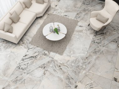 Lüks ve rahat bir yaşam alanı, beyaz mermer, beyaz bir halı, beyaz bir kanepe ve kahve masası, ve parlak bir aydınlatma. 3B Hazırlama