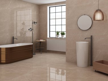 Bu lüks banyonun içinde duvarlarda ve zeminlerde açık kahverengi mermer, altın kaplamalı beyaz bir küvet, beyaz bir leğen, ahşap mobilya ve bir pencere bulunuyor. 3B Hazırlama