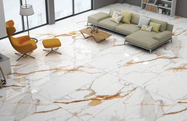 Beyaz mermer zemin, çatı katı pencereleri, arka planda açık ahşap sehpa ve mutfağın yanında duran gri kanepe olan beyaz oturma odasının köşesi. 3B Hazırlama