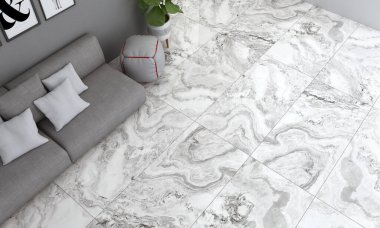 Beyaz oturma odası iç dizaynı mermer döşemeli, gri rahat kanepeli. 3B Hazırlama