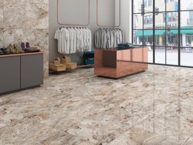 Butikte şık kıyafetler, ayakkabılar ve aksesuarlar. 3B Hazırlama