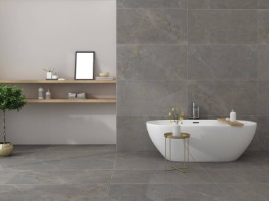 Beyaz ve gri mermer duvarlı modern banyo, mermer zemin, beyaz küvet ve çift lavabo tahta tezgahın üzerinde dikey aynalarla duruyor. 3B Hazırlama