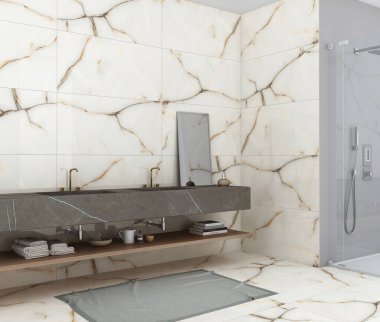 Minimalist banyo, iki lavabo, ahşap kapak, cam duş bölmesi, beyaz mermer döşeme. 3B Hazırlama