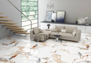 Parlak oturma odasının içi panoramik pencereli kırsal manzaralı, büyük kanepe, koltuk, sehpa, lamba ve ahşap parke zemin. Soğukluk için minimalist tasarım kavramı. 3d oluşturma