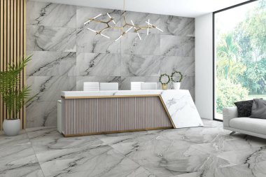 Gri mermer duvarlı, masalı, bekleme salonlu, kuyruklu ve şehir manzaralı büyük pencereli bir iç mekan tasarımı. 3B Hazırlama