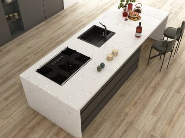 Mutfak manzarası, bar adası, dekorasyon, ahşap beton zemin. Mutfak gereçleri ve gökdelenlerde panoramik pencereleri olan bir aşçılık alanı. 3B Hazırlama