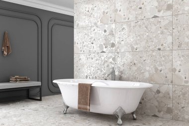 Beyaz banyo küveti, gri ve mermer duvarlar ve rahatlık duygusunu arttırmak için ilave aksan parçaları olan lüks bir banyo. 3B Hazırlama