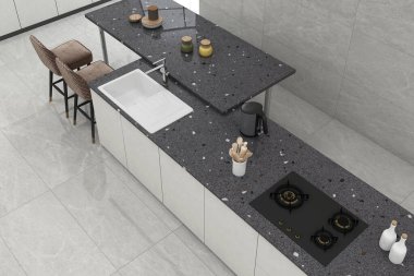 Minimalist lüks siyah mutfak tezgahı, ada, lavabo ve gaz hob, açık alan, gri mermer seramik zemin, modern iç mimari fikri, yukarıdan üst görüş planı. 3B Hazırlama