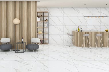 Beyaz mermer duvarları ve zemini olan modern barın içi, tabureli ahşap bar tezgahı, beyaz sandalyeli masalar ve sağında boş sahte duvar. 3B Hazırlama