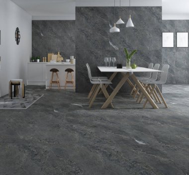 Gri panoramik yemek odası, beton zemin ve yanında sandalyeler olan uzun beyaz ahşap bir masa. Modern tavan lambaları. 3B Hazırlama