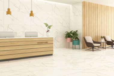 Bej ahşap resepsiyonlu, mermer zeminde iki bilgisayar var. Ofis masası olan minimalist giriş salonu. Gökdelenlerin panoramik penceresi. Uzay duvarını kopyala. 3B Hazırlama