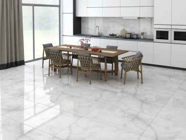 Yemek masası, altı sandalye, beyaz mermer zemin, beyaz mobilya ve kırsal manzaralı panoramik pencere. Çağdaş minimalist tasarım. 3B Hazırlama