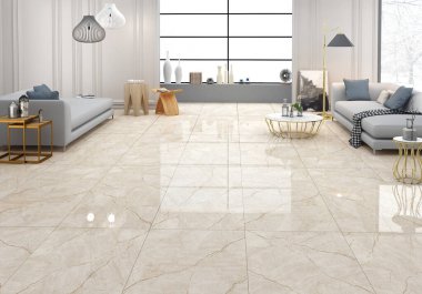 Büyük lüks, modern, parlak iç mekânlar. Kanepe seti, dekoratif diğer şeyler, 3D çizim.