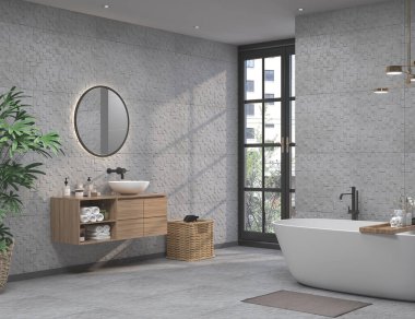 Sofistike banyo tasarımında gri mermer bir zemin ve duvar, beyaz bir küvet, arkasında ışık olan dairesel bir ayna, ahşap bir rafta beyaz bir lavabo seti, bir pencere duvarı ve yeşil bitki bulunur. Üç Boyut