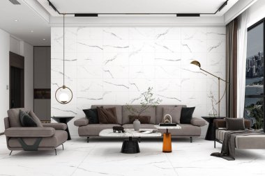 Geniş kanepe, kitaplık, sehpa, çanak çömlek, beyaz duvar, halı ve mermer zemin olan parlak oturma odası. Minimalist tasarım kavramı. Buluşma için rahat bir yer. 3B Hazırlama