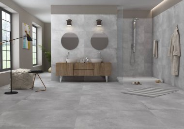 Gri kiremit duvarlı, gri mermer döşemeli, beyaz küvetli ve üzerinde yuvarlak ayna olan lüks banyonun içi. 3B Hazırlama