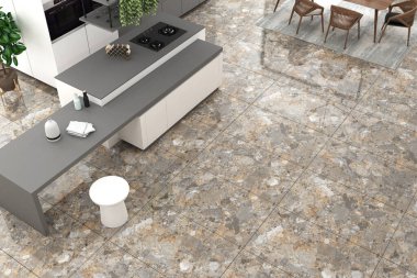 Mermer döşemeli lüks mutfak, üç siyah gaz ocağı olan gri tezgah, sandalyeli ahşap yemek masası, taze bitkili seramik kap, depolama için beyaz mobilya rafı. 3B Hazırlama