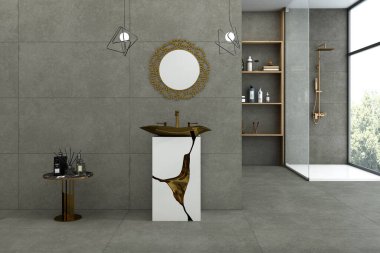 Modern banyonun köşesinde gri fayans duvarlar, mermer döşemeler, rahat banyo alanı ve aynalı altın lavabo. Bulanık tropikal manzaralı bir poster ve pencere. 3B Hazırlama