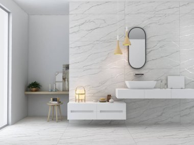 Lüks tarzda beyaz banyo döşemesi, mermer zemin ve duvar, mermer lavabo tezgahı ve bakır çerçeve aynası, odaların geniş pencereleri, doğa manzarası, odaya parlayan güneş ışığı. 3B Hazırlama