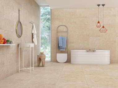 Dairenin içinde beyaz bir lavabo, beyaz bir küvet, bir dolap ve yerde bej mermer var. 3B Hazırlama maketi