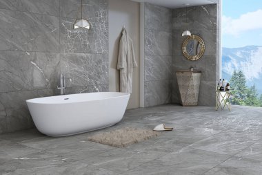 Modern banyonun içinde gri mermer duvarlar, beton zemin, beyaz küvet ve yuvarlak aynalı lavabo, dağ manzaralı pencere duvarı. Üç boyutlu illüstrasyon. 3B Hazırlama
