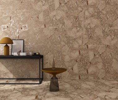 Oturma odasının lüks köşesinde siyah masa ve üzerindeki süslemeler masanın üzerinde zarif cam kap ve kahverengi mermer duvarlar ve zemin. 3B Hazırlama