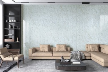 Parlak oturma odasının önü rahat kanepe, puf, panoramik pencere, beton zemin, sehpa, dolap, mermer duvar, çanak çömlek. Minimalist tasarım kavramı. Model yap. 3B Hazırlama