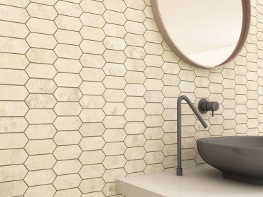 Evin köşesinde bej kaplama duvarlar, ahşap çerçeveli yuvarlak ayna, beton yüzeyde siyah seramik lavabo, beyaz banyo ve büyük pencere. 3B Hazırlama