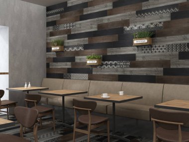 Restoranın ve sandalyenin modern iç tasarımı, tuğla duvardaki ahşap masa. 3B Hazırlama