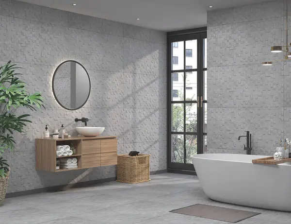 Sofistike banyo tasarımında gri mermer bir zemin ve duvar, beyaz bir küvet, arkasında ışık olan dairesel bir ayna, ahşap bir rafta beyaz bir lavabo seti, bir pencere duvarı ve yeşil bitki bulunur. Üç Boyut