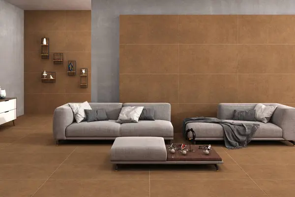 stock image Luxurious interior living room with brown tile flooring and walls, a cozy sofa with a wooden coffee table in the middle, a gray sofa rug, wooden furniture, and decor wall aside to enhance the look. 3D