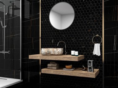 Banyonun içinde siyah mermer bir duvar, ahşap bir masada seramik bir lavabo, cam bir oda ve kahverengi havlularla çevrili ek bir duş alanı bulunur. 3B Hazırlama