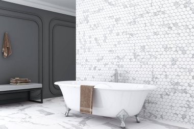 Modern klasik tarz gri banyo 3D illüstrasyon, mermer zemin ve lavabo tezgahı, gri havluyla beyaz küvet. 3B Hazırlama