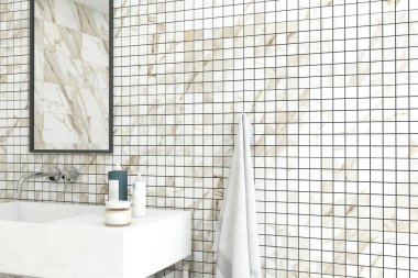 Şık kare ayna, okaliptüs dalları ve modern banyoda beyaz seramik lavabo. İç dizayn. 3B Hazırlama
