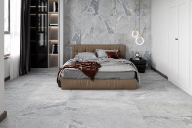 Mermer yatak odası boho tarzı, beyaz ve gri tonlarda. Yatak, kitap sıralı kitap rafı, saksı bitkileri, panjurlu pencere. Çiftlik evinin klasik iç tasarımı. 3B Hazırlama