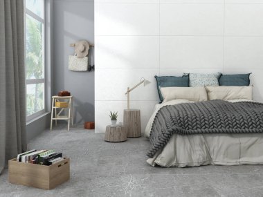 Çağdaş çatı katı tarzı yatak odası tropikal bahçe manzaralı, oda beton döşemeli, duvarlı ve ahşap tavanlı. Kahverengi mobilyalarla döşenmiş. 3B Hazırlama