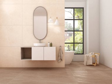 Modern minimalist banyo, modern banyo dolabı, beyaz lavabo, ahşap kibir, iç tesisler, banyo aksesuarları, küvet ve duş, bej duvarlar, granit zemin, vazolar. 3d oluşturma