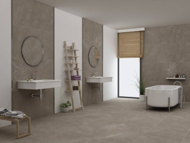 Beyaz ve gri banyo içi, aynalı iki lavabo, aksesuarlı ve havlulu masa, beton zeminde beyaz küvet, pencere duvarı. Minimalist tasarımlı modern banyo. 3B Hazırlama