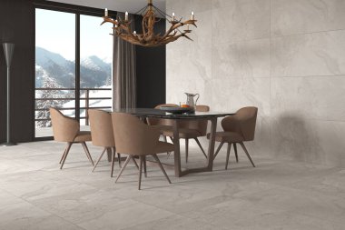 Klasik bej mermer duvarlı modern klasik yemek odası perdeli büyük pencereli sandalyeli seramik masa klasik dekoratif bölmeli beyaz mutfak. 3B Hazırlama