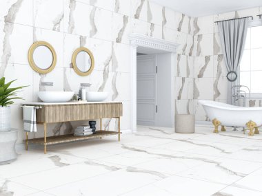 Beyaz mermer panelli banyo iç tasarımı içinde antika küvet, havlu ve özel tuvaletiniz için diğer malzemeler var. Bir ayna ve zarif bir lambanın yer aldığı modern iç tasarım fikri.