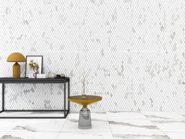 İçinde kanepe, mermer sehpa, kurutulmuş çiçekler, özel lamba ve mermerden yapılmış beyaz döşeme taşları olan modern oturma odasının köşesi. Model yap. 3B Hazırlama