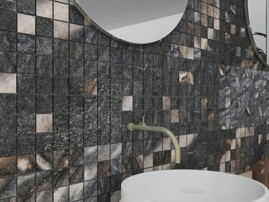 Siyah mermer duvarlı rahat bir banyo köşesi beyaz bir seramik lavabo üzerinde dairesel bir ayna ve birkaç tuvalet malzemesi. 3B Hazırlama