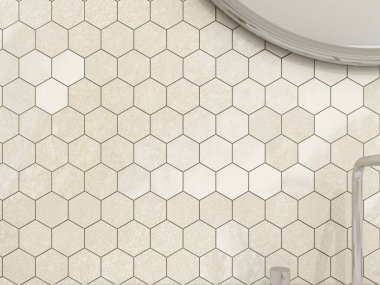 Zemin ve duvarları bej mermerden yapılmış lüks bir banyonun içi. Ahşap mobilyaların üzerinde siyah lavabolar. Üzerinde ayna var. 3B Hazırlama