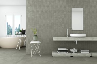 Lüks, parlak gri mermer kaplı bir banyo, beyaz küvetin yanında tuvalet eşyaları için eşsiz ahşap bir raf, ve sofistike bir aydınlatma armatürü ve küçük masa ahşap bir çerçeve. 3B Hazırlama