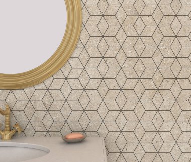 Işıl ışıl bej mermerden bir tuvalet köşesi, fayans desenli bir leğen ve üzerinde klas bir ayna, bir pencerenin yanındaki koltukta ve sofistike bir aydınlatma armatürü. 3B Hazırlama